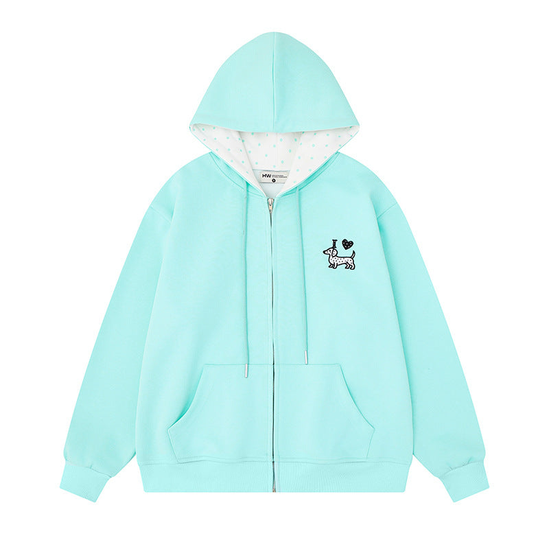 Damen Kapuzen-Sweatjacke mit gesticktem Dackel‑Motiv und gepunkteter Kapuzenfütterung Shop Nory