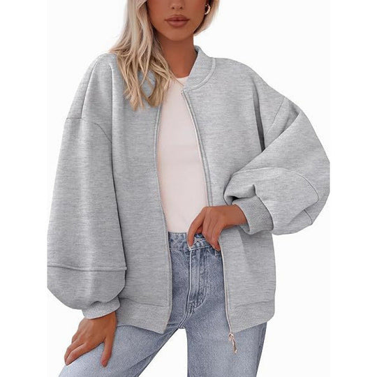 Damen lässige Oversized-Jacke mit Reißverschluss und ballonen Ärmeln