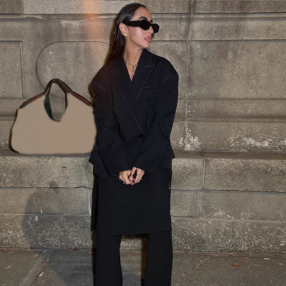 Damen Oversized Zweiteiler Boxy-Sakko und weite Bundfaltenhose mit Ziersteppnähten Shop Nory