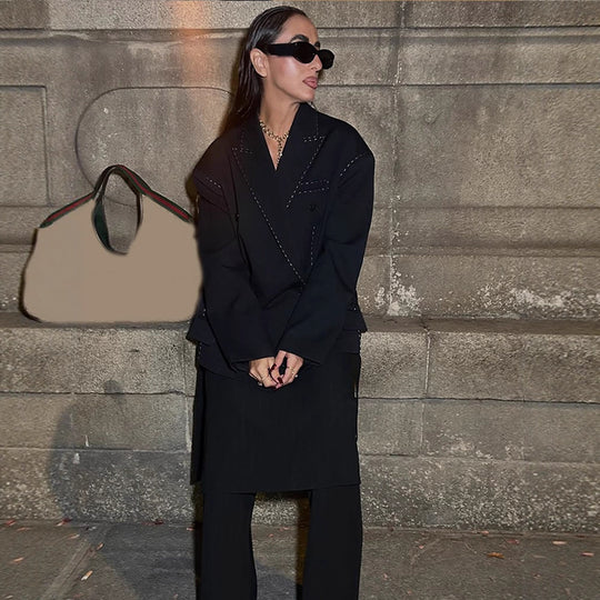 Damen Oversized Zweiteiler Boxy-Sakko und weite Bundfaltenhose mit Ziersteppnähten Shop Nory