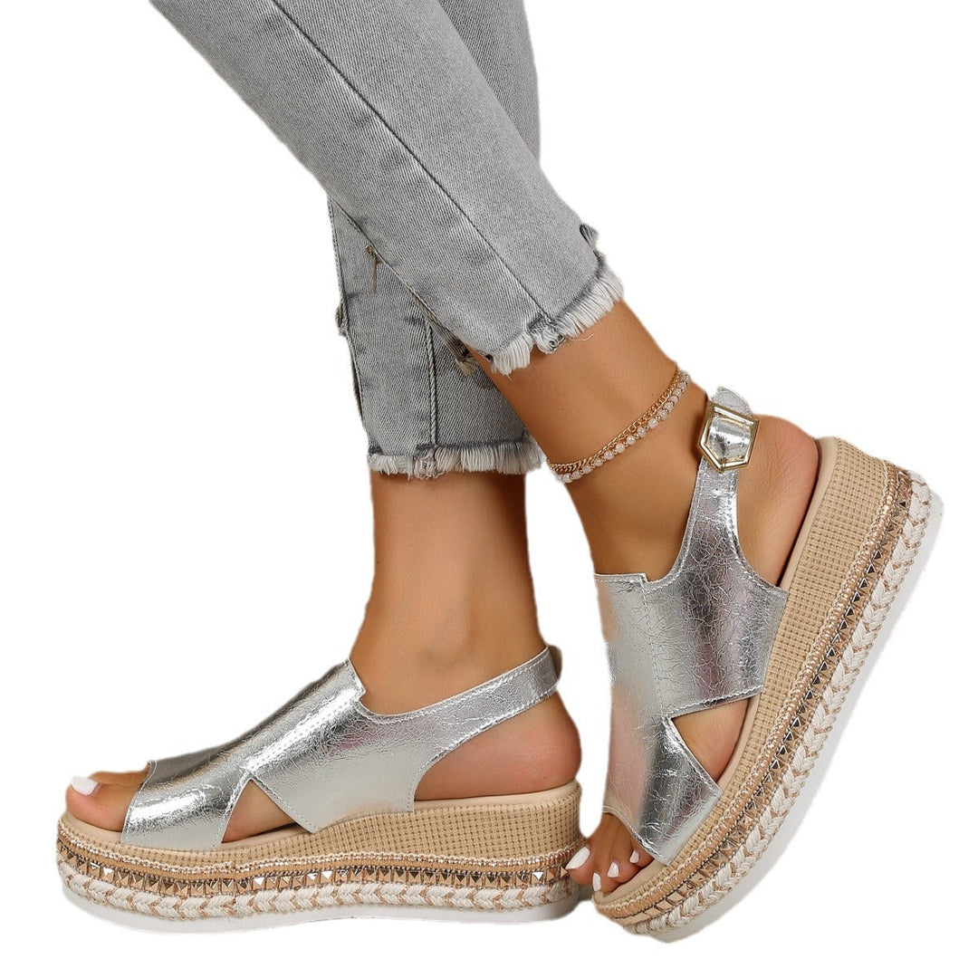 Damen Wedge-Sandaletten mit exklusivem Metallic-Finish und verstellbarem Riemendesign Shopnory