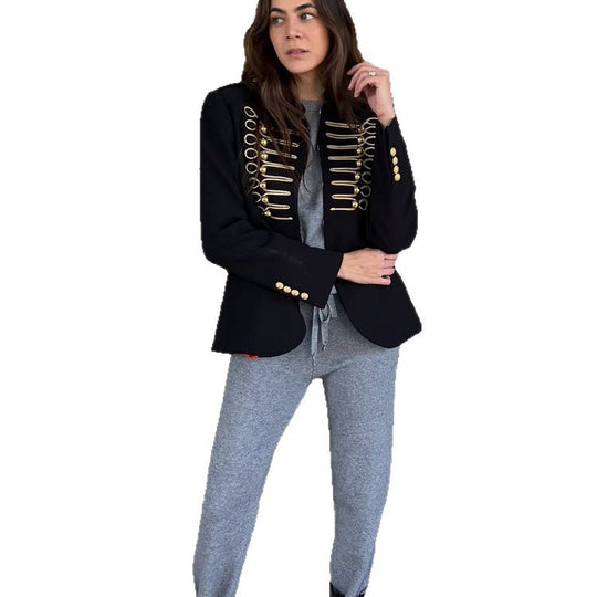 Damen Militärischer Kurzblazer mit goldener Kordel‑Litzenverzierung und Zierriegeln Shop Nory