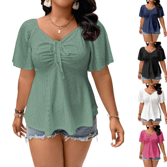 Damen A-Linien Boho-Bluse mit Lochstickerei, Raffung und Bindeband Shop Nory