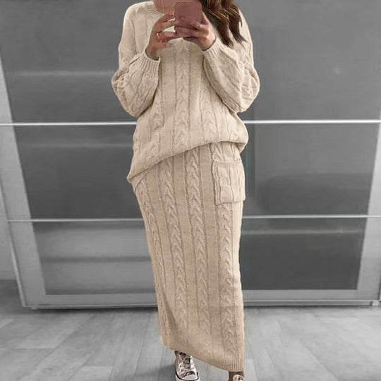 Damen nan Strickset Oversized Zopfmuster-Pullover und Maxi-Bleistiftrock mit aufgesetzter Tasche Shop Nory