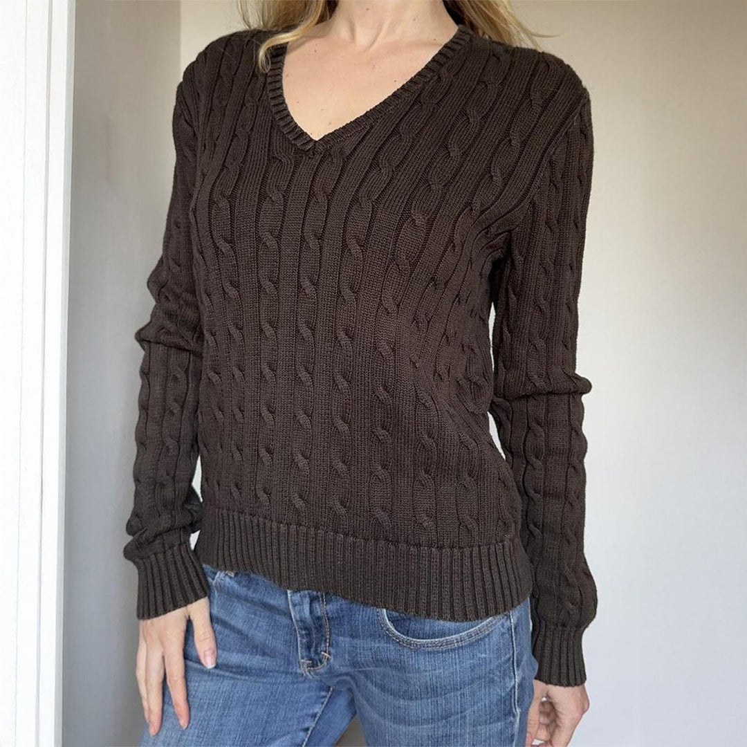 Damen nan Premium-Baumwollmix Zopfstrickpullover mit tiefem V-Ausschnitt und taillierter Silhouette Shop Nory