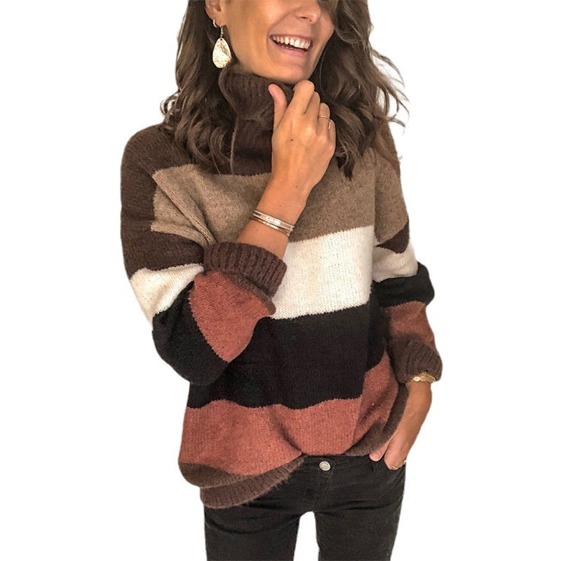 Damen Oversize-Blockstreifen-Rollkragenpullover aus fluffigem Strick Shop Nory