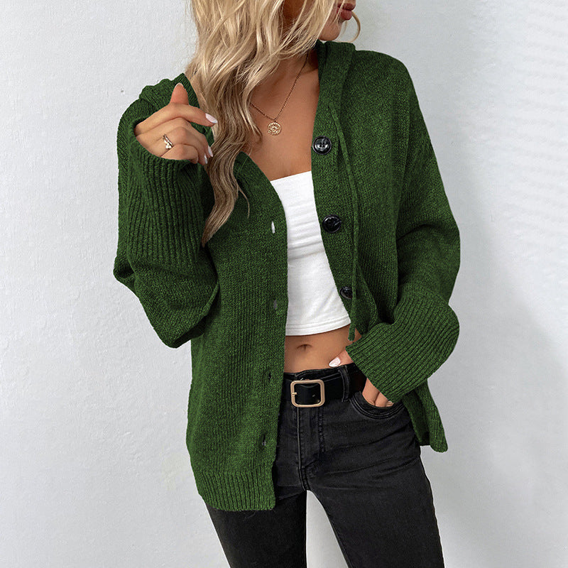 Damen lässige Strickjacke mit Kapuze und Knopfverschluss