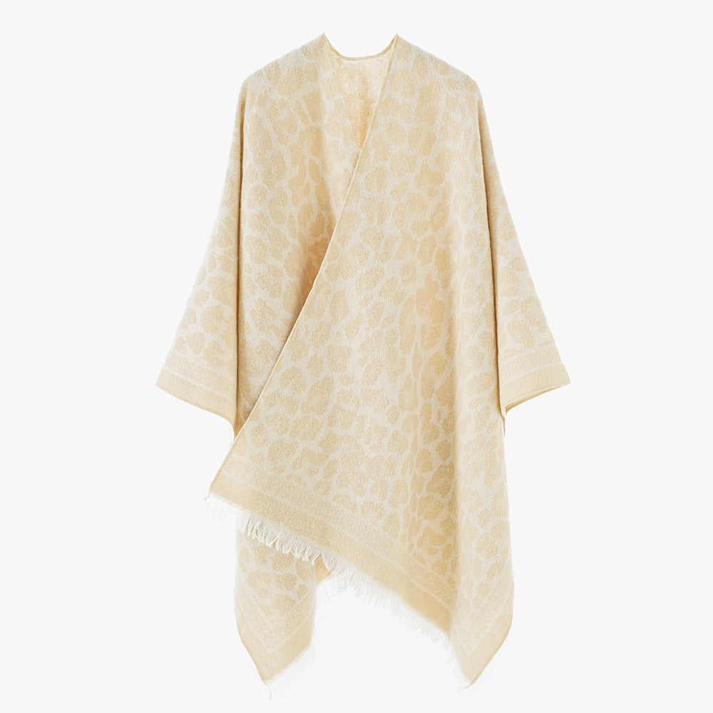 Damen Jacquard‑Poncho im Oversize‑Überwurf mit Leoprint und Fransensaum Shop Nory