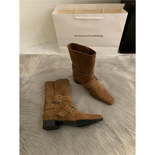 Damen Biker-inspirierte Mid-Boots aus Velourslederoptik mit spitzer Kappe und verstellbaren Gürtelschnallen Shop Nory