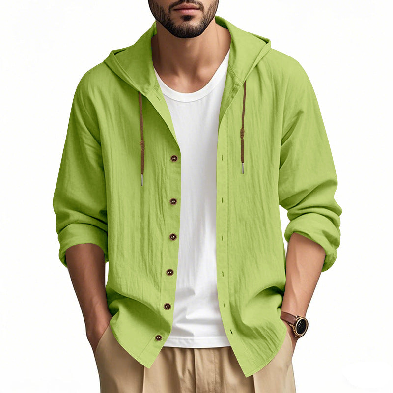 Herren nan leichtes Kapuzenhemdjacke aus Leinenoptik mit durchgehender Knopfleiste