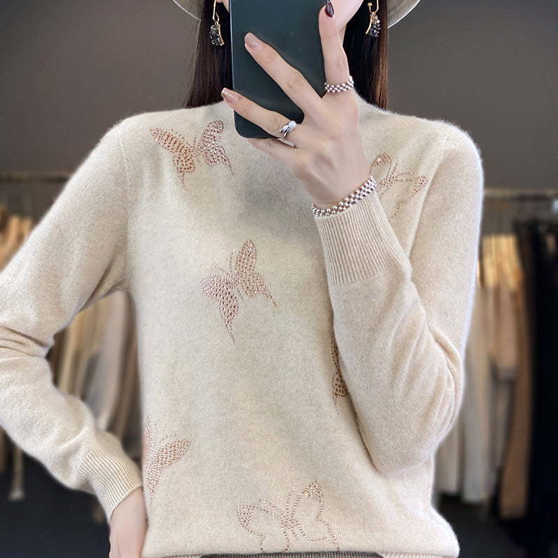 Damen Stehkragen-Feinstrickpullover mit Strass-Schmetterlingsapplikation Shop Nory
