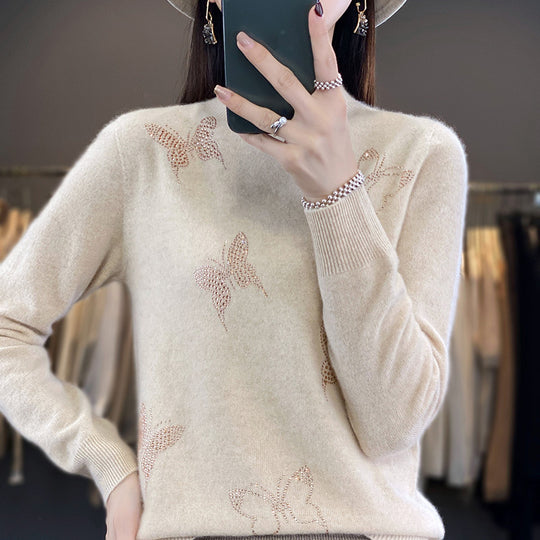 Damen Stehkragen-Feinstrickpullover mit Strass-Schmetterlingsapplikation Shop Nory