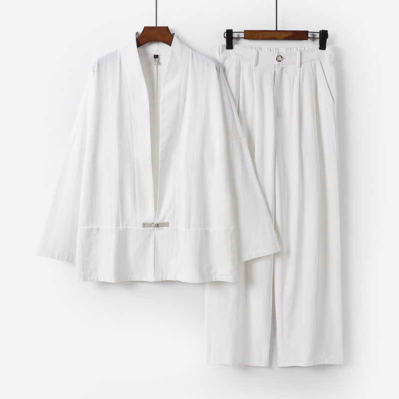 Damen Kimono-Lounge-Set aus leichtem Viskose-Leinen mit dekorativem Knebelverschluss und weiter Bundhose Shop Nory