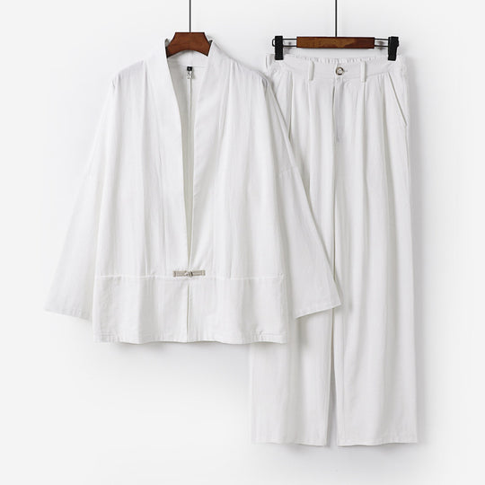Damen Kimono-Lounge-Set aus leichtem Viskose-Leinen mit dekorativem Knebelverschluss und weiter Bundhose Shop Nory