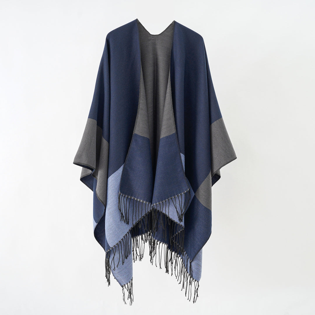 Damen Oversize-Ruana aus Wollmix mit Farbblock‑Design und Fransen Shop Nory