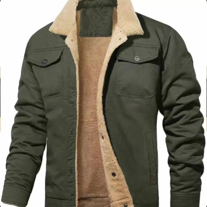 Herren Sherpa-gefütterte Canvas-Truckerjacke mit Teddyfell-Innenfutter und Hemdkragen Shop Nory