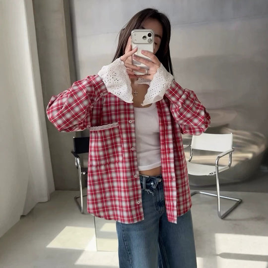 Damen Oversize-kariertes Flanellhemd mit Spitzenmanschetten und Zierpaspel Shop Nory