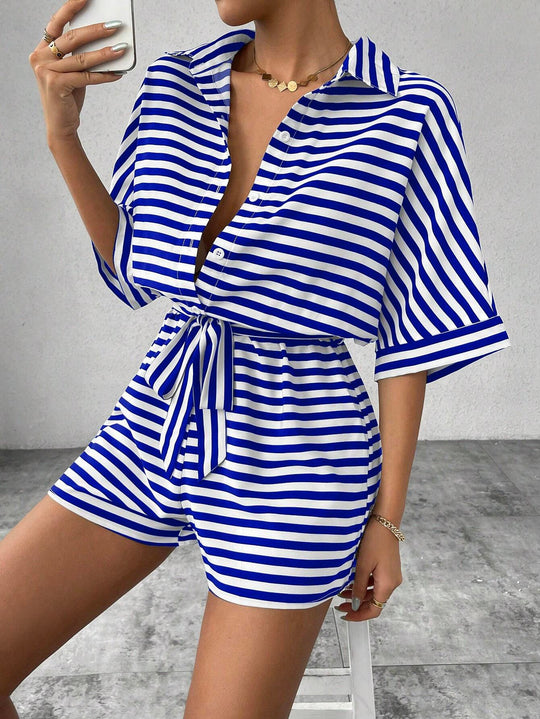 Damen Gestreifter Kurzoverall mit Hemdblusenkragen und Taillen-Bindegürtel Shop Nory