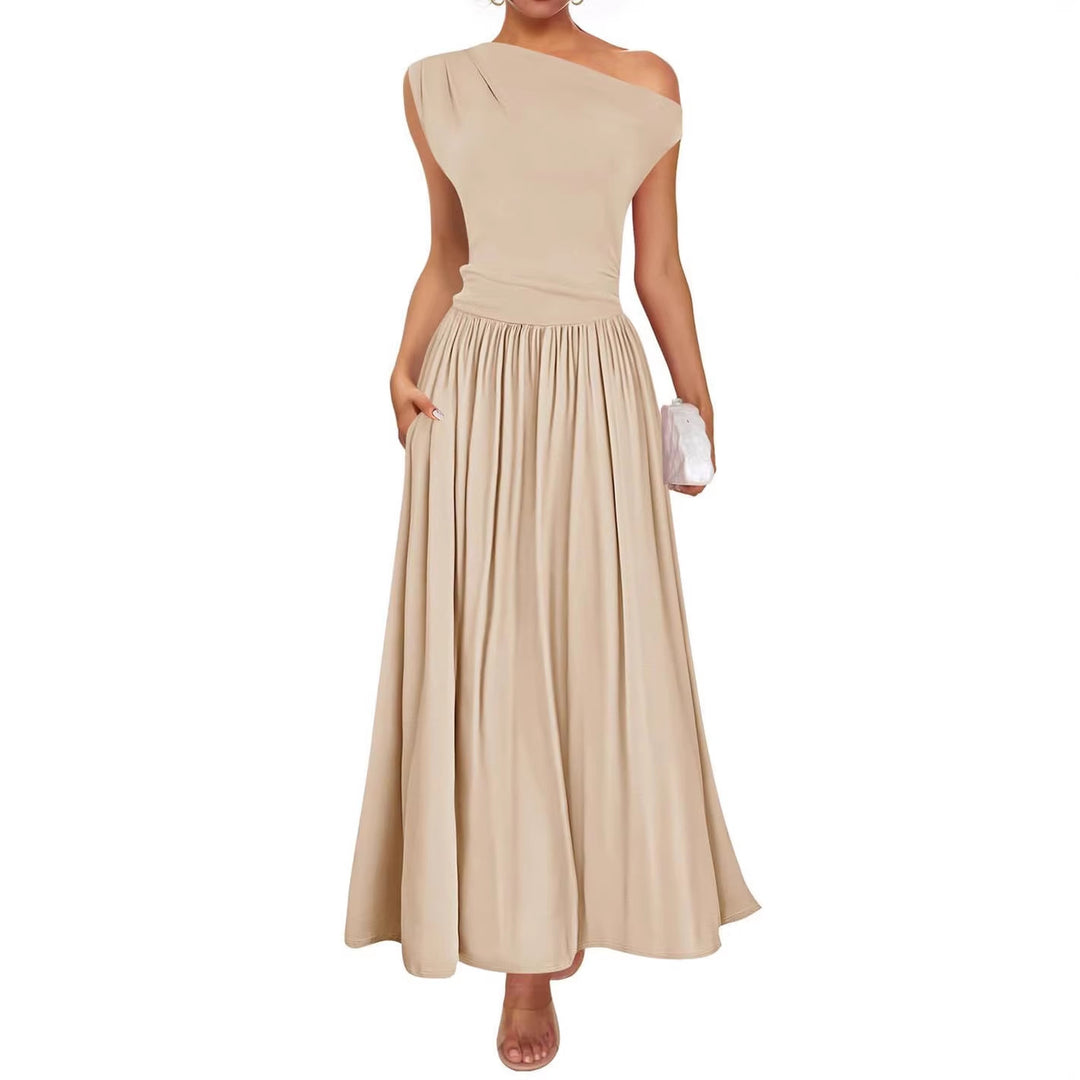 Damen Asymmetrisches Maxikleid mit One-Shoulder, Taillenbetonung und Seitentaschen Shop Nory
