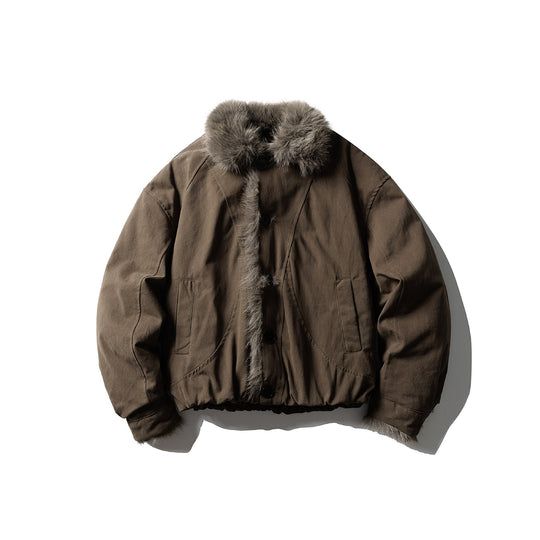 Unisex Kurz geschnittene Boxy-Bomberjacke mit Kunstfellbesatz und Knopfblende Shop Nory