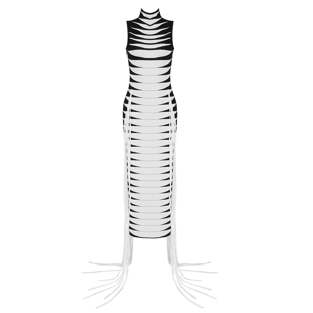 Damen körperbetontes Maxikleid mit Fransen und grafischem Design