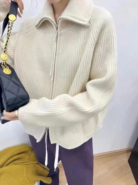 Damen Oversize-Strickjacke mit Reißverschluss, Stehkragen und gerippter Struktur Shop Nory