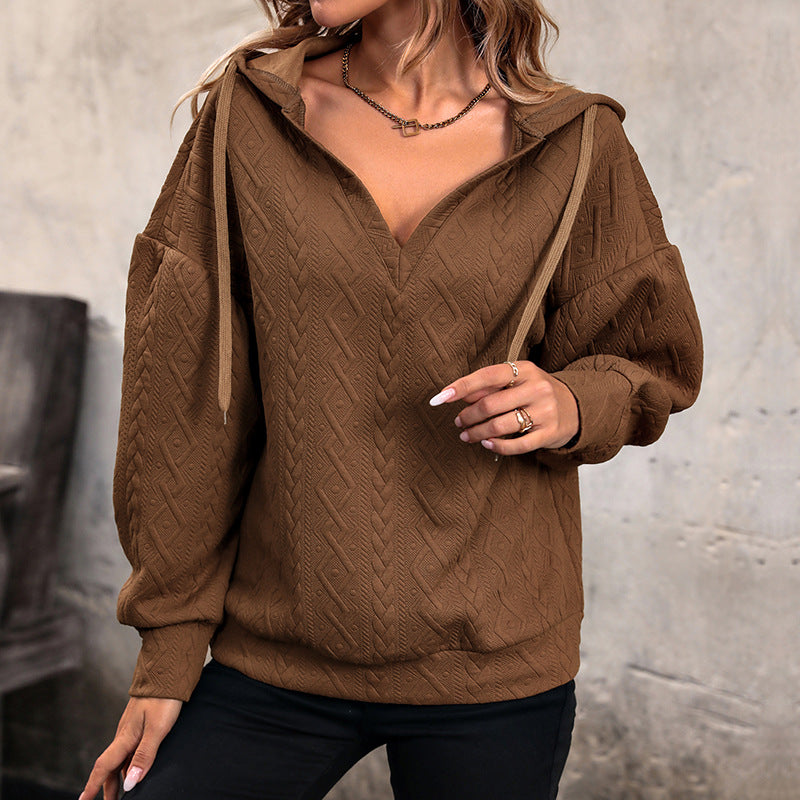 Damen Strukturiertes Zopfmuster-Kapuzen-Sweatshirt mit V-Ausschnitt und Ballonärmeln Shop Nory