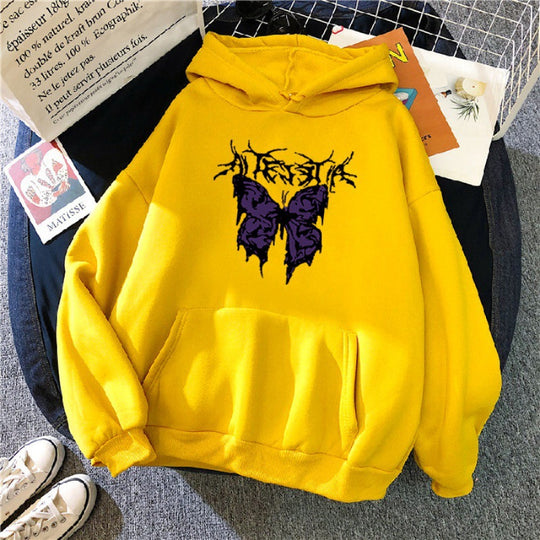 Damen nan Oversize-Kapuzenpullover mit gothischer Schmetterlings-Illustration und Kängurutasche Shop Nory