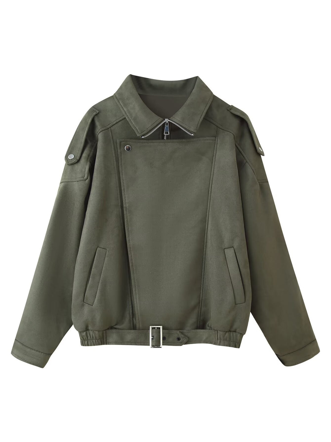 Damen Oversized Kunstwildleder‑Fliegerjacke mit Taillenriemen, Schulterpatten und Stehkragen Shop Nory