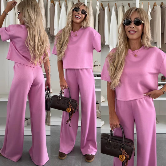 Damen Loungewear-Zweiteiler mit Cropped-Boxy-Shirt und fließender High-Waist Palazzo-Hose Shop Nory