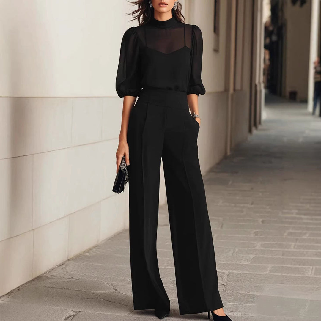 Damen elegantes Blusenset mit weiten Beinen und transparenten Ärmeln