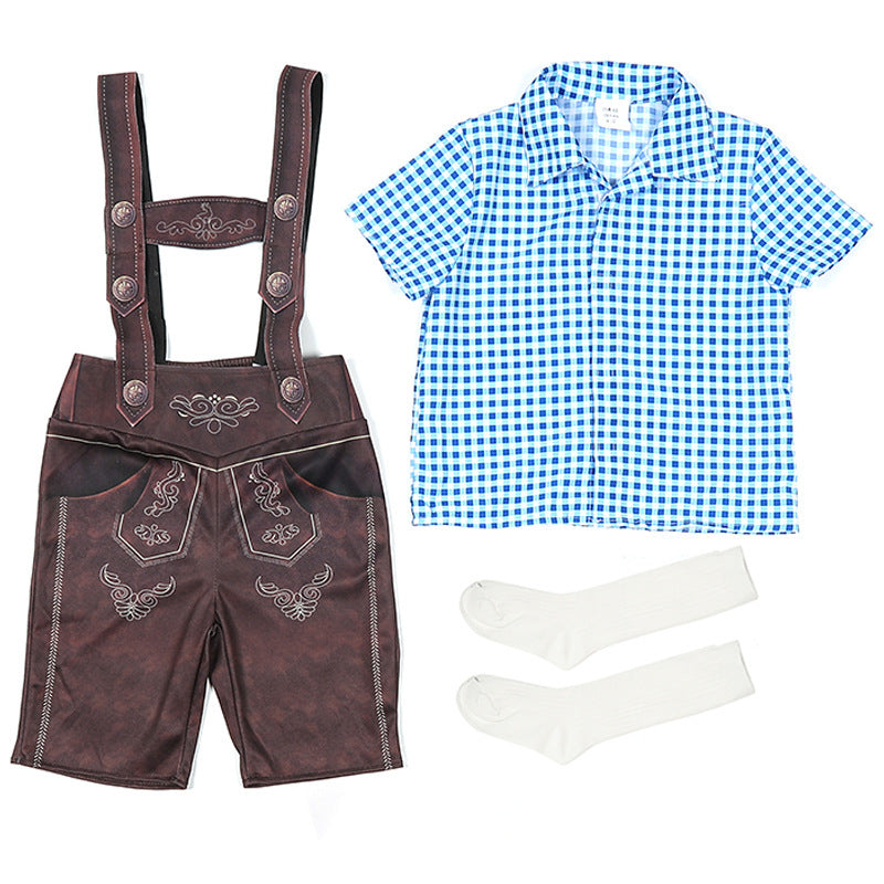Damen nan traditionelle Trachtenlederhose mit verstellbaren Trägern und kariertem Blusen-Set Shop Nory
