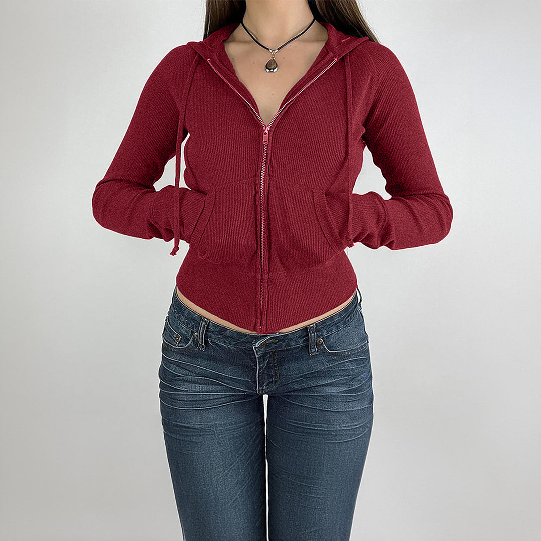 Damen nan schmal geschnittene Feinstrick-Hoodiejacke mit Metallzipper, Kängurutaschen und Daumenlochbündchen Shop Nory