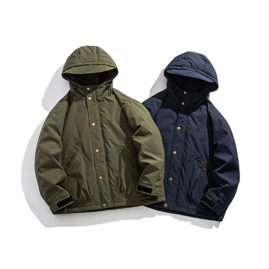 Herren Kurz geschnittener wetterfester Hybrid-Parka mit Kapuze, Druckknopfblende und schrägen Reißverschlusstaschen Shop Nory
