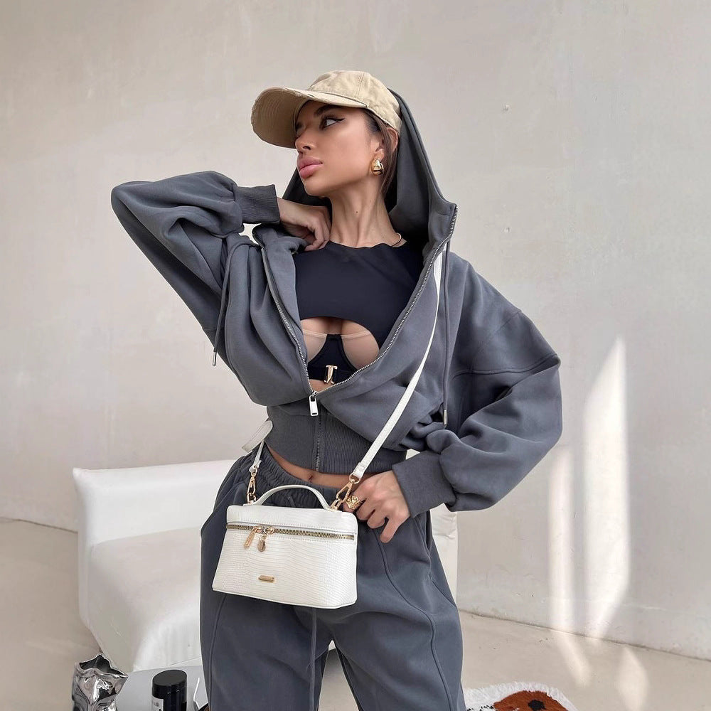 Damen kurzes Kapuzen-Sweatjacke mit Balloonärmeln und elastischer High-Waist Palazzo-Freizeithose Shop Nory