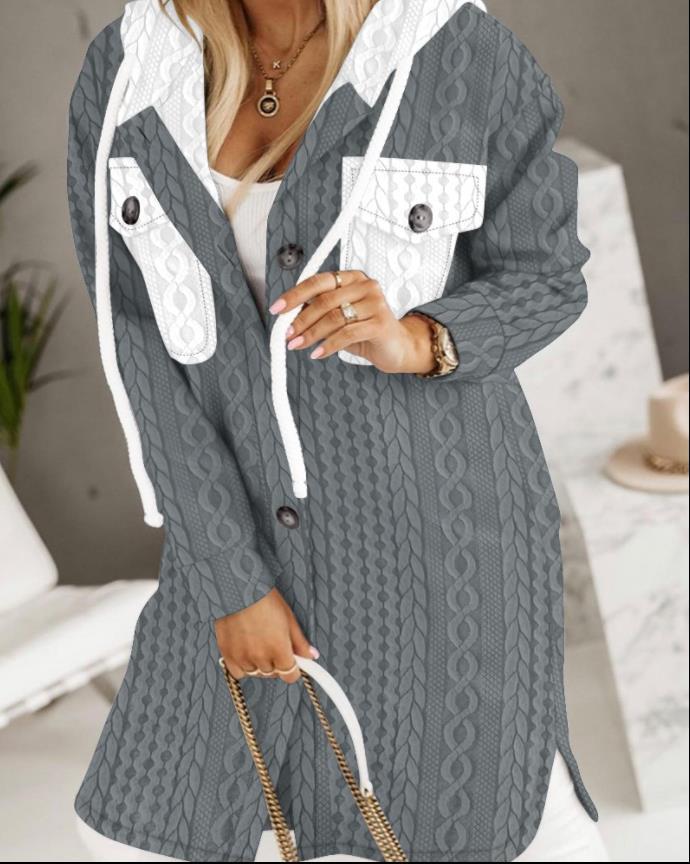 Damen Longline-Strickmantel mit Kapuze, Zierknöpfen und Kontrasttaschen Shop Nory