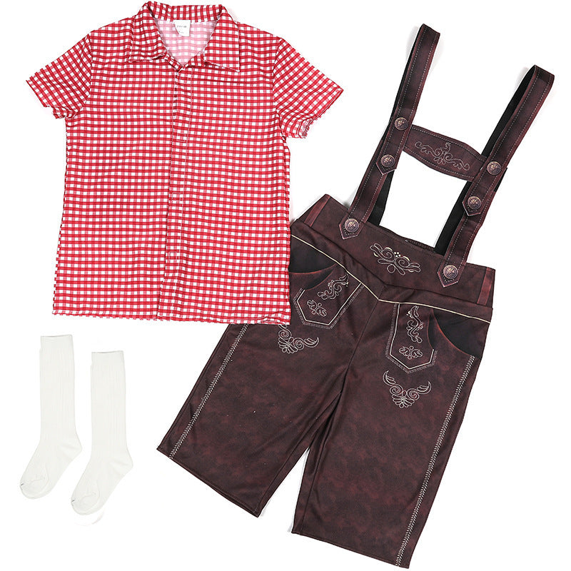 Damen nan traditionelle Trachtenlederhose mit verstellbaren Trägern und kariertem Blusen-Set Shop Nory