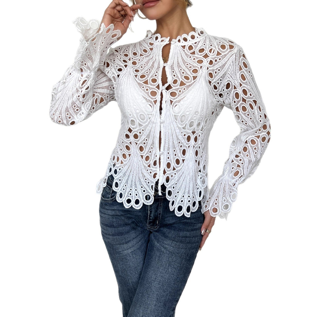 Damen Spitze Bluse mit eleganten Cut-Outs und figurschmeichelndem Design