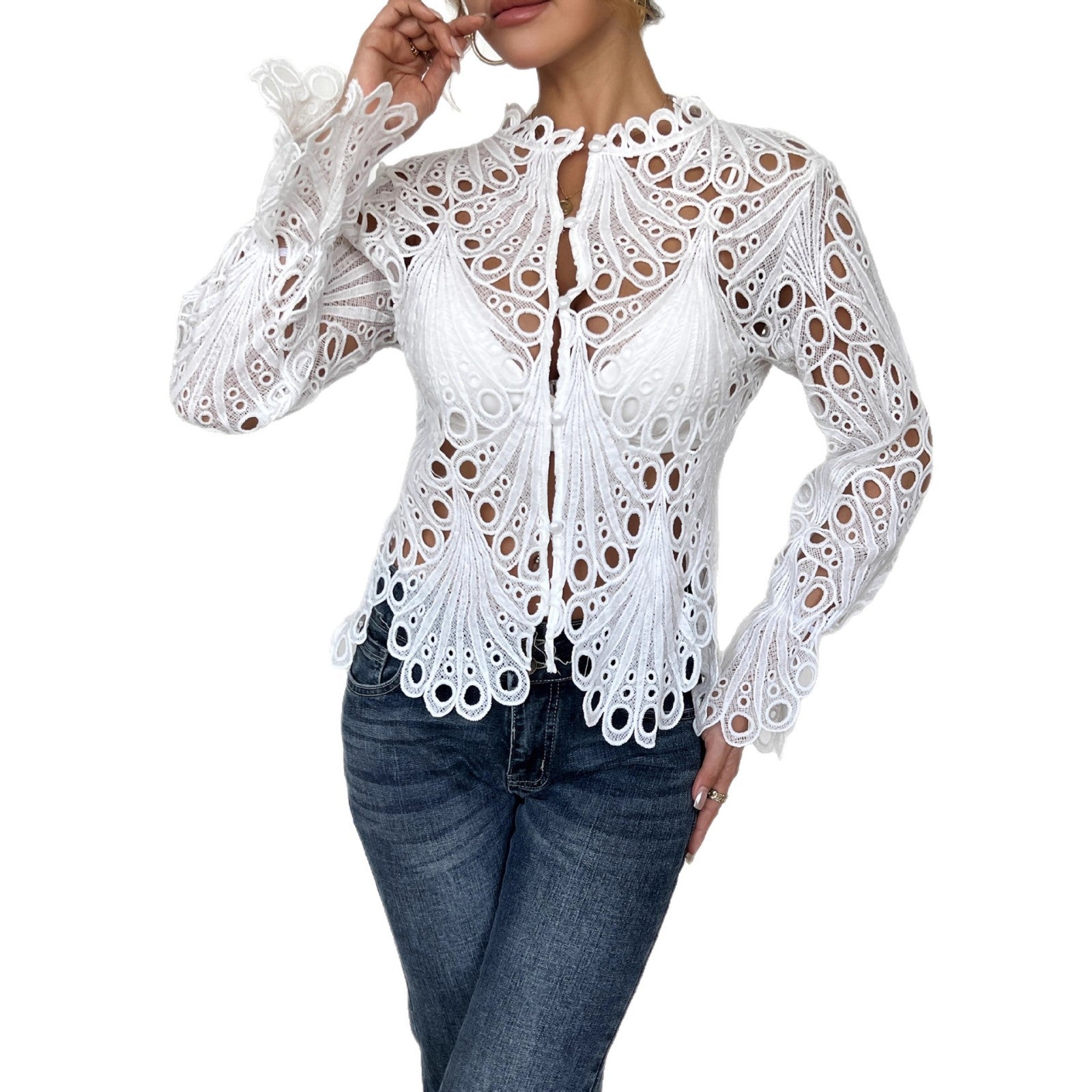 Damen Spitze Bluse mit eleganten Cut-Outs und figurschmeichelndem Design