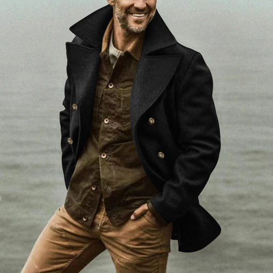 Herren Kurzmantel im Marine-Stil aus Wollmischung mit doppelter Knopfleiste und großem Revers Shop Nory