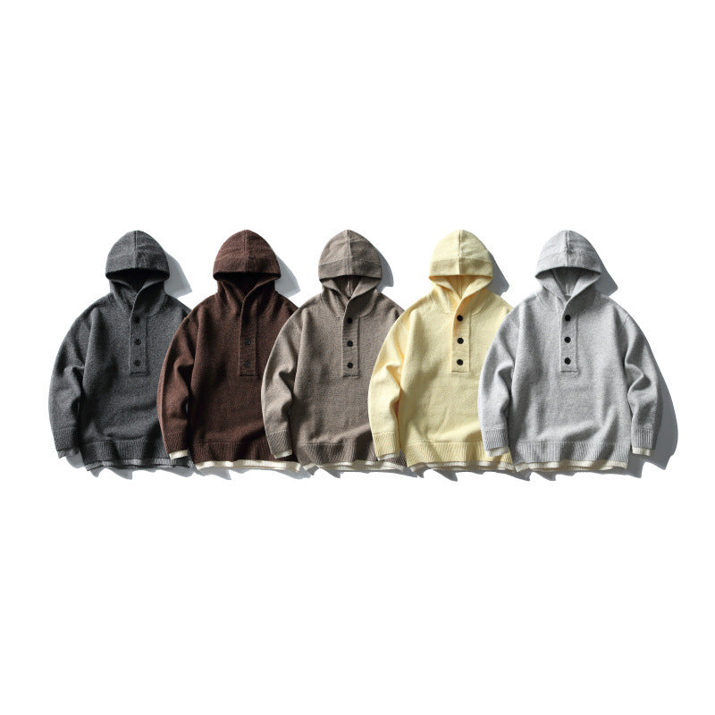 Unisex Strick‑Kapuzenpullover mit halber Knopfleiste, geripptem Saum und zweilagigem Abschluss Shop Nory