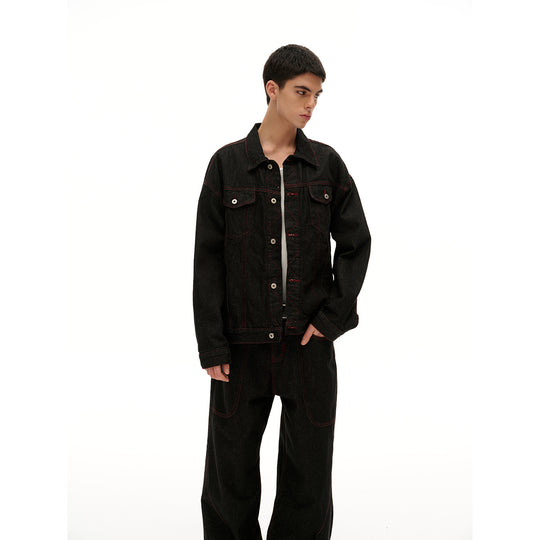 Herren Boxy‑Denimjacke mit roten Kontrastnähten und Metallknöpfen Shop Nory