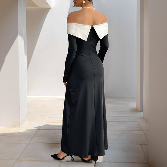 Damen Schulterfreies Maxikleid mit langen Ärmeln, hohen Seitenschlitzen und Umschlagkragen Shop Nory