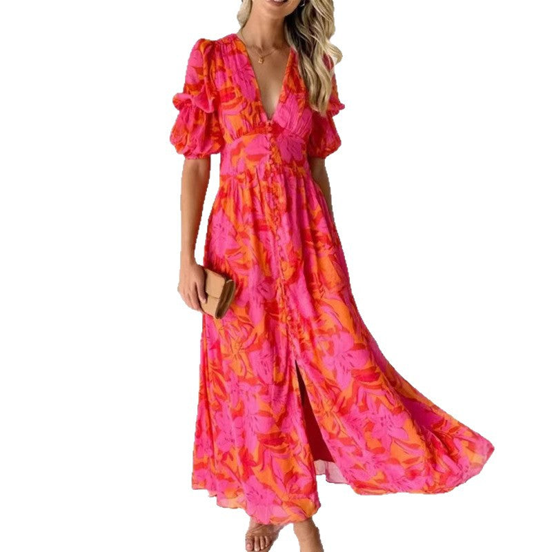 Damen Maxikleid mit Blumenmuster und V-Ausschnitt