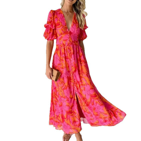 Damen Maxikleid mit Blumenmuster und V-Ausschnitt