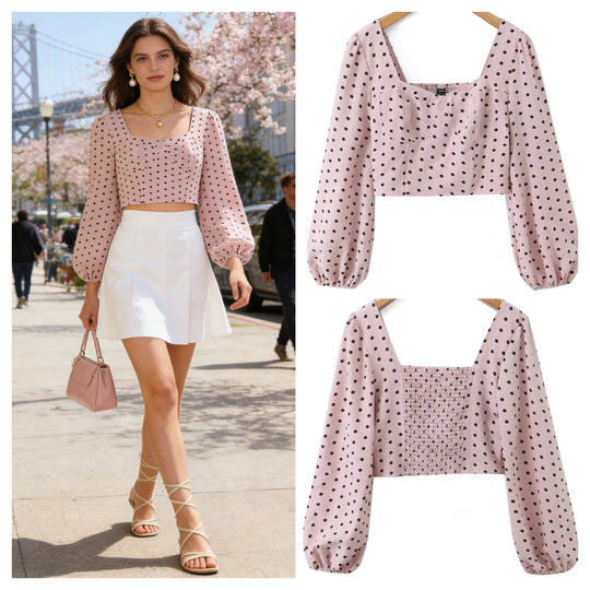 Damen Gepunktetes Bustier-Crop-Top mit Puffärmeln und Quadrat-Ausschnitt Shop Nory