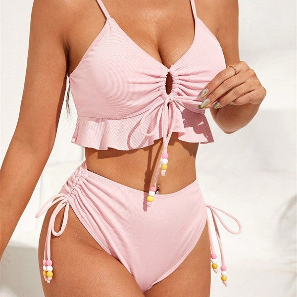 Damen Zweiteiliges Bikiniset mit gerafftem Oberteil und dekorativen Zierbändern