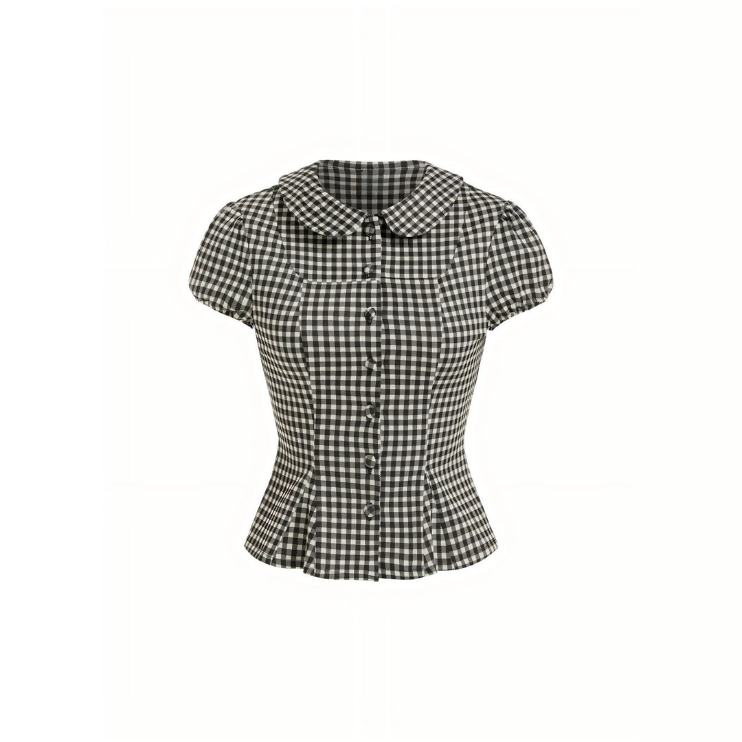 Damen Karo-Bluse mit Bubikragen, Taillierter Peplum-Silhouette und Puffärmeln Shop Nory