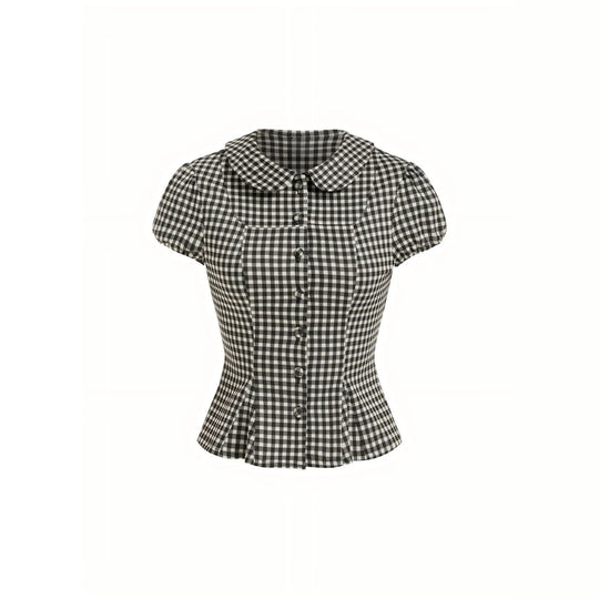 Damen Karo-Bluse mit Bubikragen, Taillierter Peplum-Silhouette und Puffärmeln Shop Nory