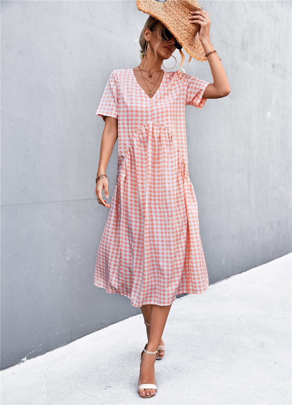 Damen V-Ausschnitt Midikleid mit kariertem Design und ausgestelltem Rock